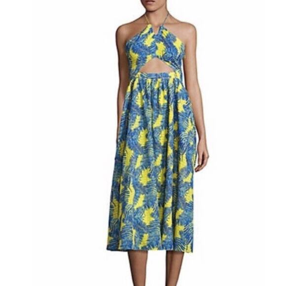 Tanya Taylor Yellow and Blue Floral Palm Print Halter Maxi Dress Size 2 - Picture 1 of 10